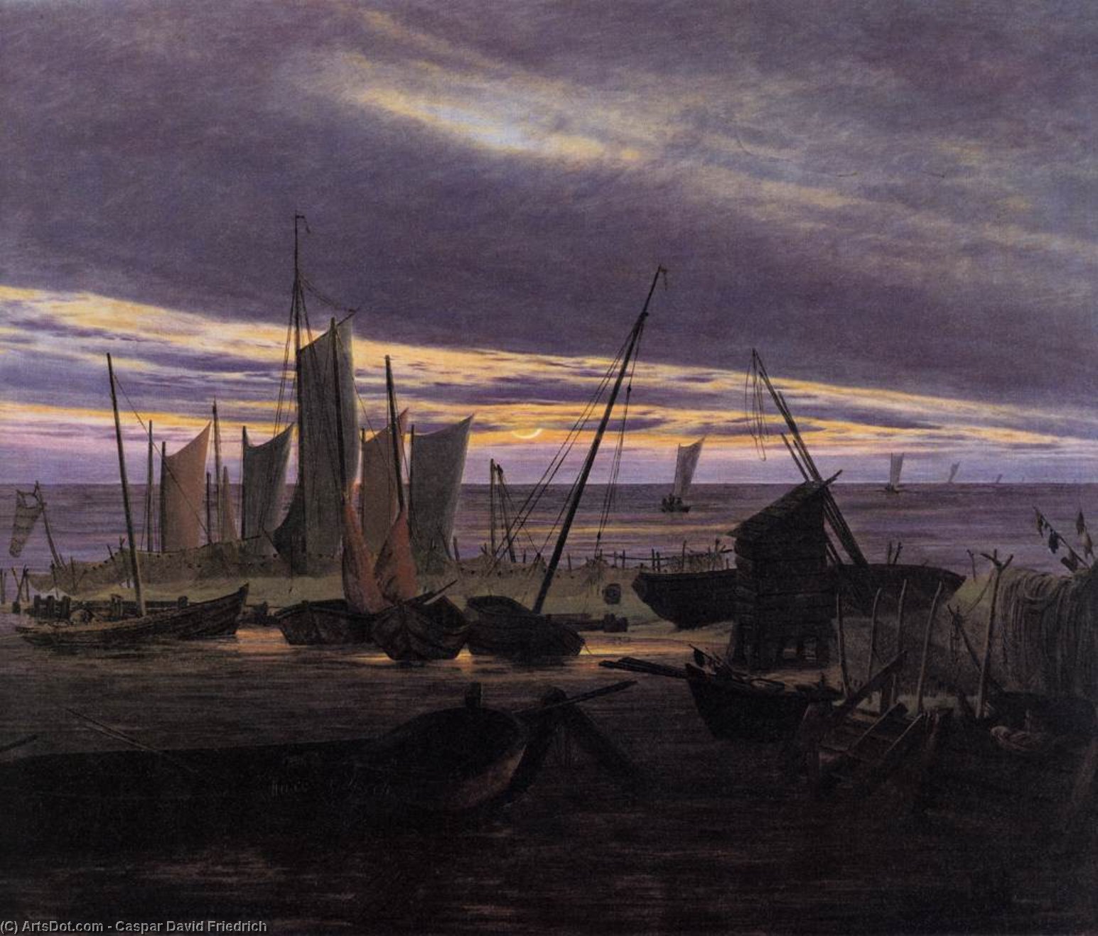 Wikioo.org - The Encyclopedia of Fine Arts - Painting, Artwork by Caspar David Friedrich - Boats in the Harbour at Evening