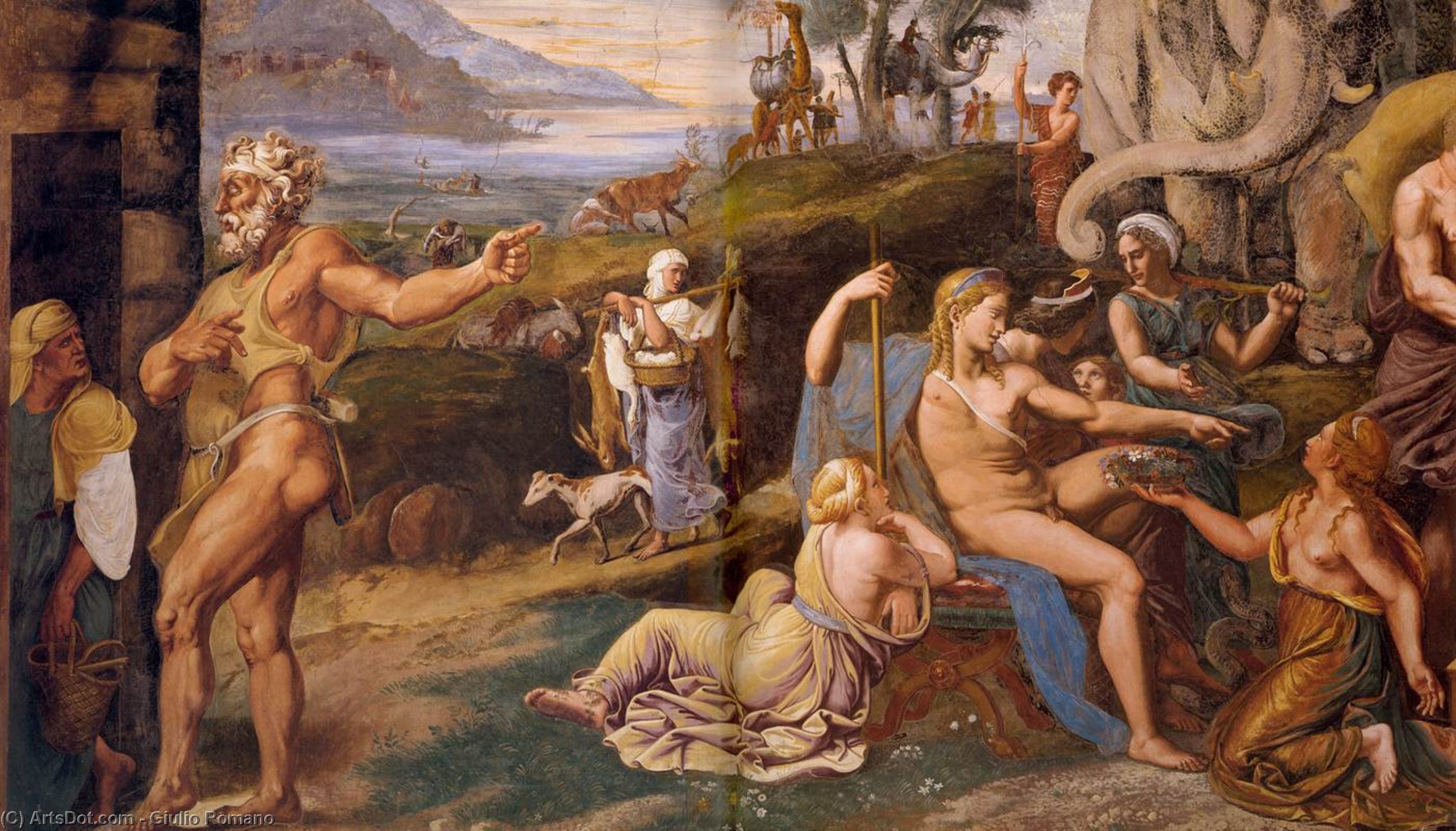 Wikioo.org – La Enciclopedia de las Bellas Artes - Pintura, Obras de arte de Giulio Romano - el viejo mujer  asícomo  VULCANA  homenaje  bastante  Apolo