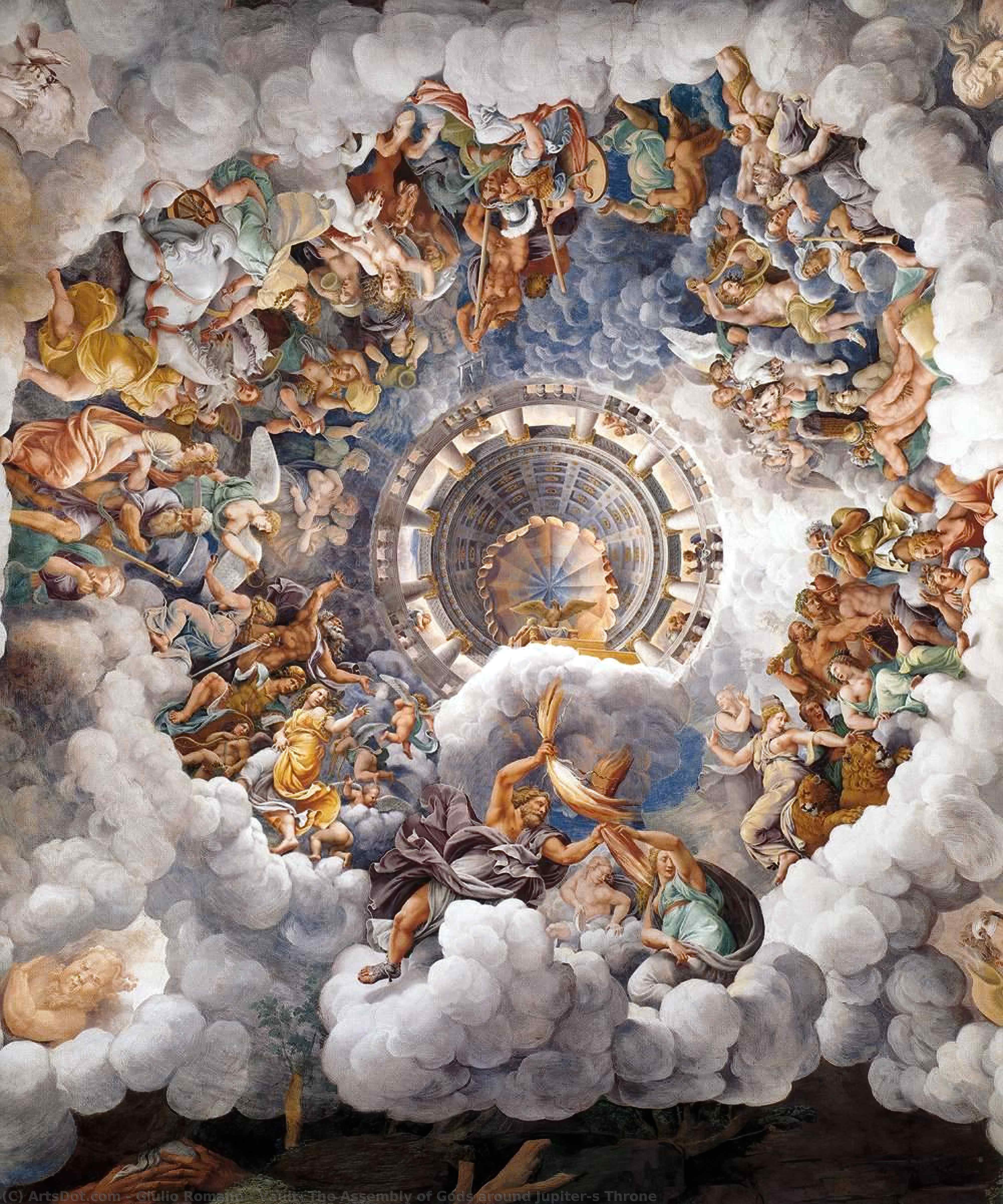 Wikoo.org - موسوعة الفنون الجميلة - اللوحة، العمل الفني Giulio Romano - Vault: The Assembly of Gods around Jupiter's Throne