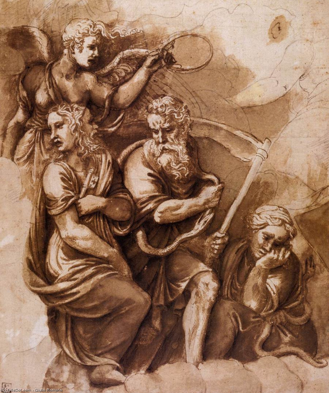 Wikoo.org - موسوعة الفنون الجميلة - اللوحة، العمل الفني Giulio Romano - Victory, Janus, Chronos, and Gaea