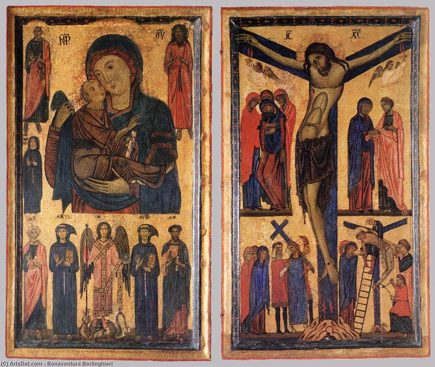 WikiOO.org - Encyclopedia of Fine Arts - Målning, konstverk Bonaventura Berlinghieri - Madonna and Child with Saints and Crucifixion