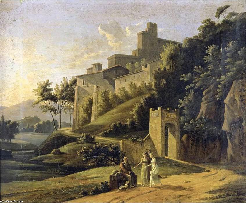 Wikioo.org - The Encyclopedia of Fine Arts - Painting, Artwork by Jean Victor Bertin - Landscape with a Fortress and a Beggar
