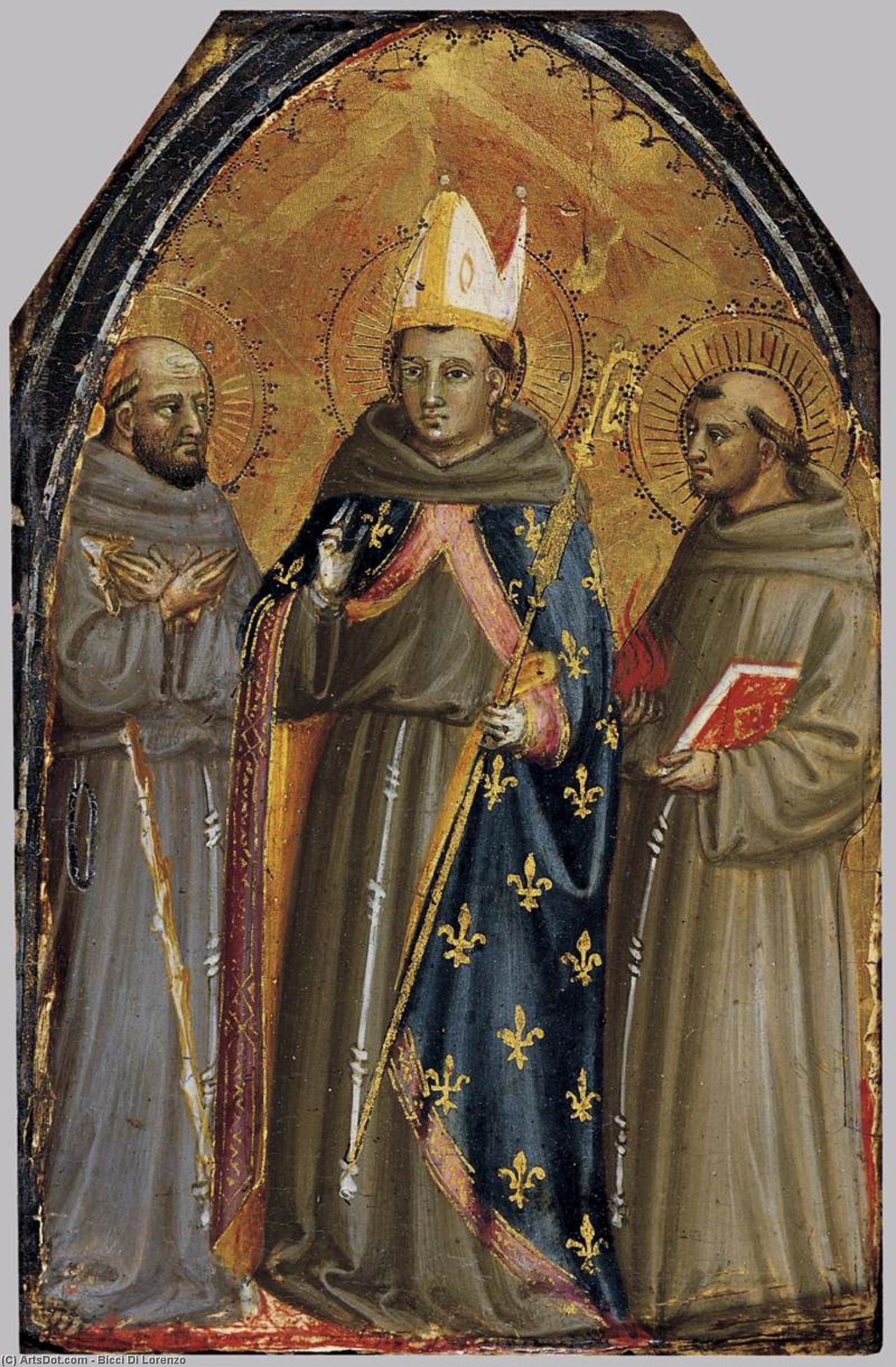 Wikioo.org - The Encyclopedia of Fine Arts - Painting, Artwork by Bicci Di Lorenzo - Sts Francis of Assisi, Louis of Toulouse and Anthony of Padua