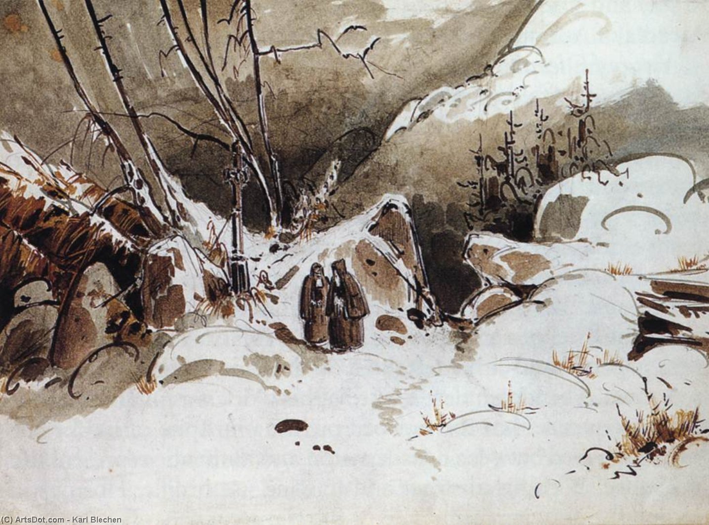 WikiOO.org - Encyclopedia of Fine Arts - Festés, Grafika Karl Blechen - Alpine Pass in Winter with Monks
