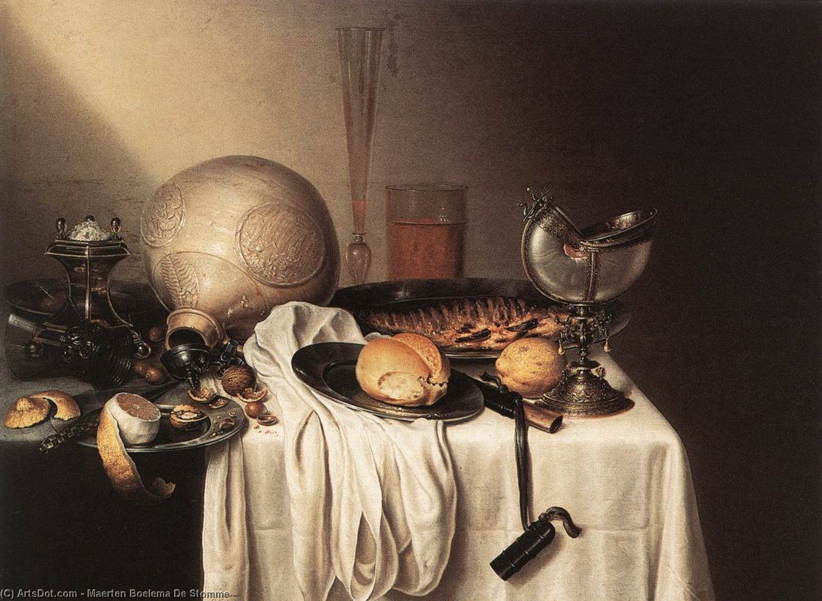 Wikioo.org - The Encyclopedia of Fine Arts - Painting, Artwork by Maerten Boelema De Stomme - Still-Life with a Bearded Man Crock and a Nautilus Shell Cup