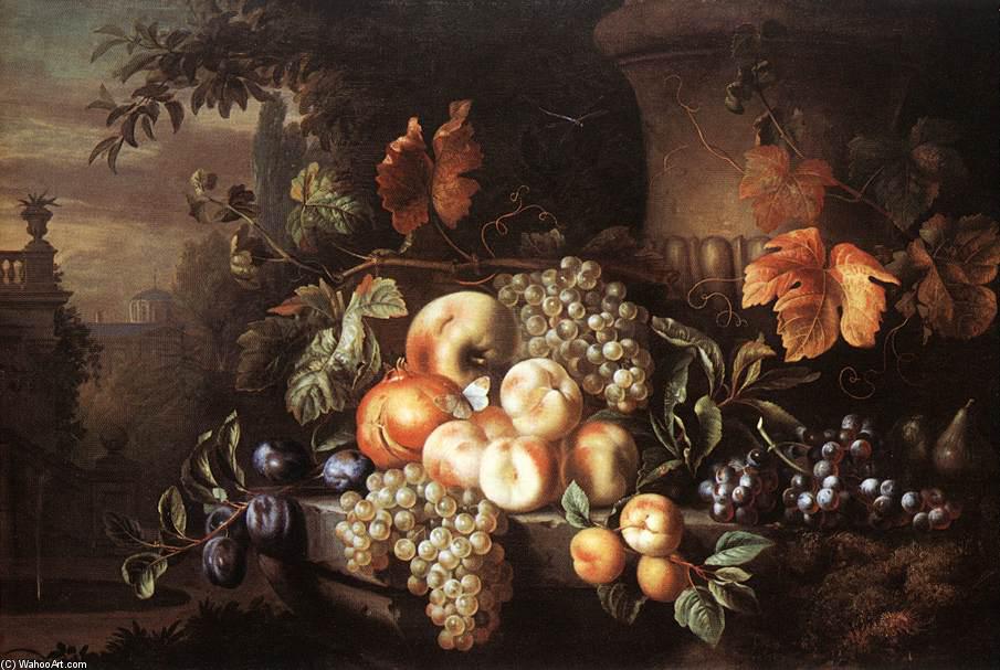 Wikioo.org – La Enciclopedia de las Bellas Artes - Pintura, Obras de arte de Jakob Bogdany - Piezas de fruta enestado piedra jarrón