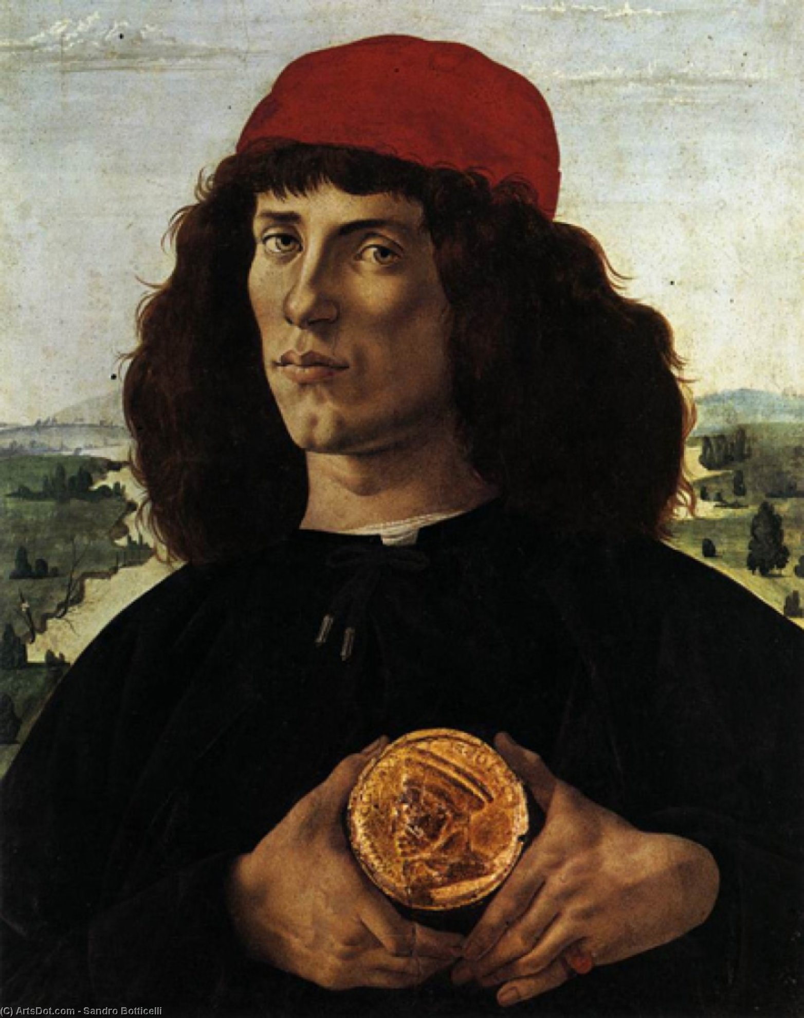 Wikioo.org - The Encyclopedia of Fine Arts - Painting, Artwork by Sandro Botticelli - Portrait of a Man with a Medal of Cosimo the Elder
