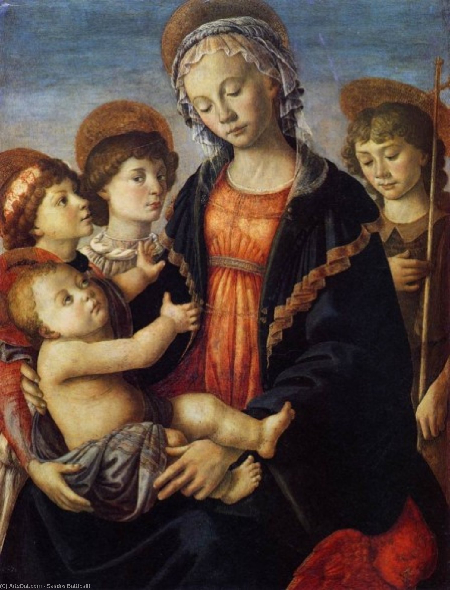 Wikioo.org – L'Enciclopedia delle Belle Arti - Pittura, Opere di Sandro Botticelli - la vergine e il bambino con due angeli e i giovani san john il battista