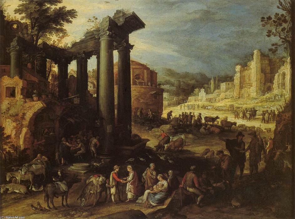 Wikioo.org - The Encyclopedia of Fine Arts - Painting, Artwork by Paul Bril - The Campo Vaccino with a Gypsy Woman Reading a Palm