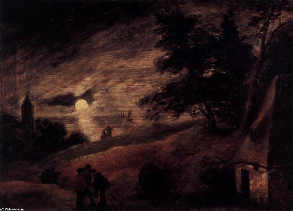 Wikioo.org - The Encyclopedia of Fine Arts - Painting, Artwork by Adriaen Brouwer - Dune Landscape by Moonlight