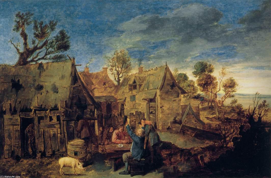 Wikioo.org - The Encyclopedia of Fine Arts - Painting, Artwork by Adriaen Brouwer - Village Scene with Men Drinking