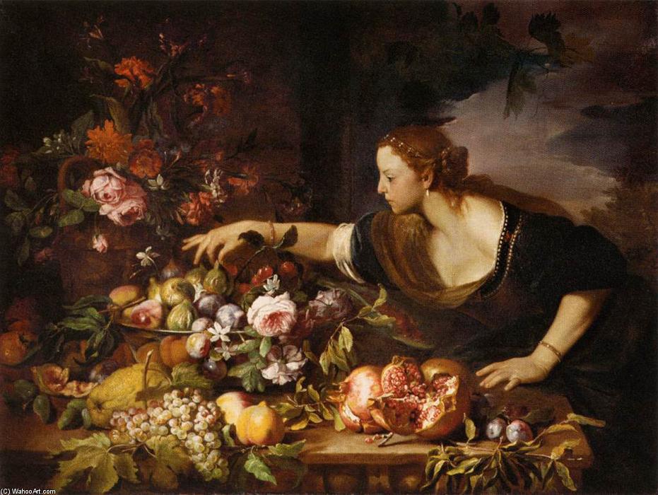 Wikioo.org - The Encyclopedia of Fine Arts - Painting, Artwork by Abraham Brueghel - Woman Grasping Fruit