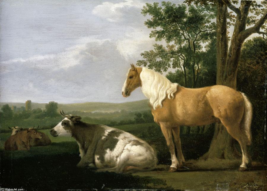 Wikioo.org - The Encyclopedia of Fine Arts - Painting, Artwork by Abraham Pietersz Van Calraet - A Horse and Cows in a Landscape