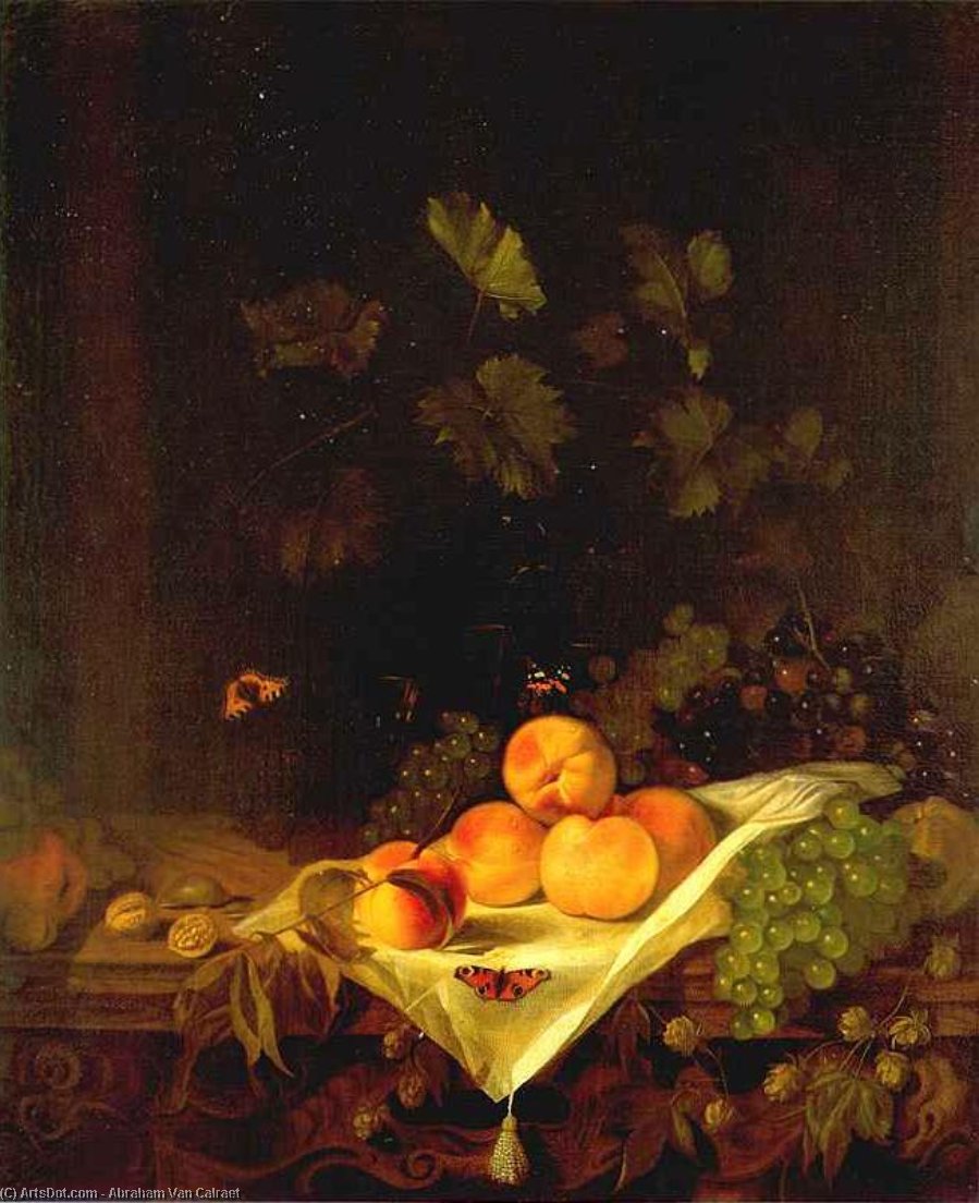 Wikioo.org - The Encyclopedia of Fine Arts - Painting, Artwork by Abraham Pietersz Van Calraet - Still-life with Peaches and Grapes