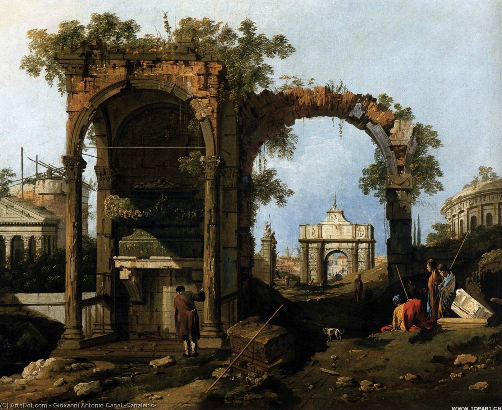 Wikioo.org - The Encyclopedia of Fine Arts - Painting, Artwork by Giovanni Antonio Canal (Canaletto) - Capriccio with Classical Ruins and Buildings