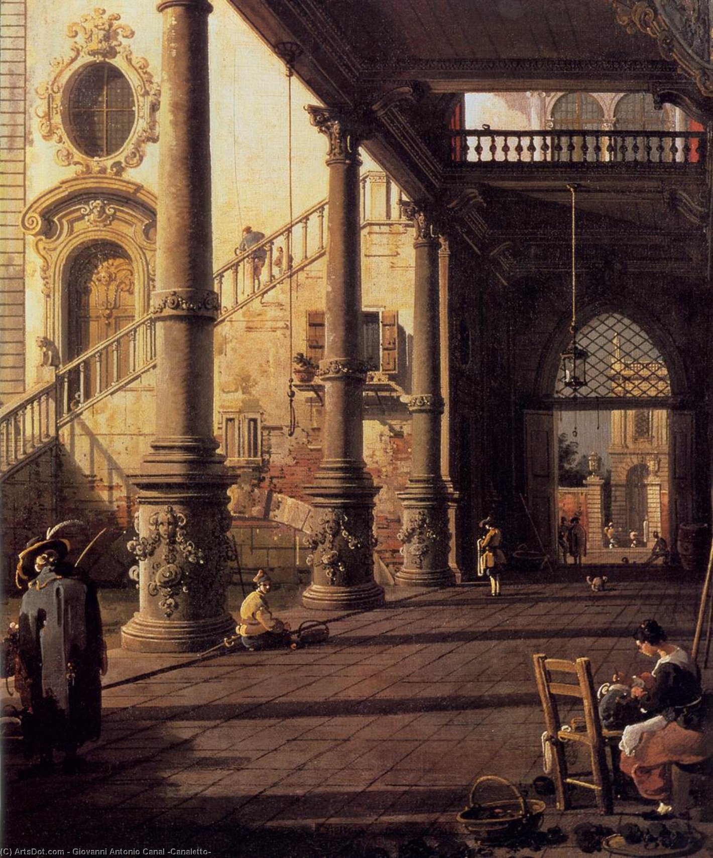 Wikioo.org - Die Enzyklopädie bildender Kunst - Malerei, Kunstwerk von Giovanni Antonio Canal (Canaletto) - perspektive ansicht mit  Säulengang  Ausschnitt