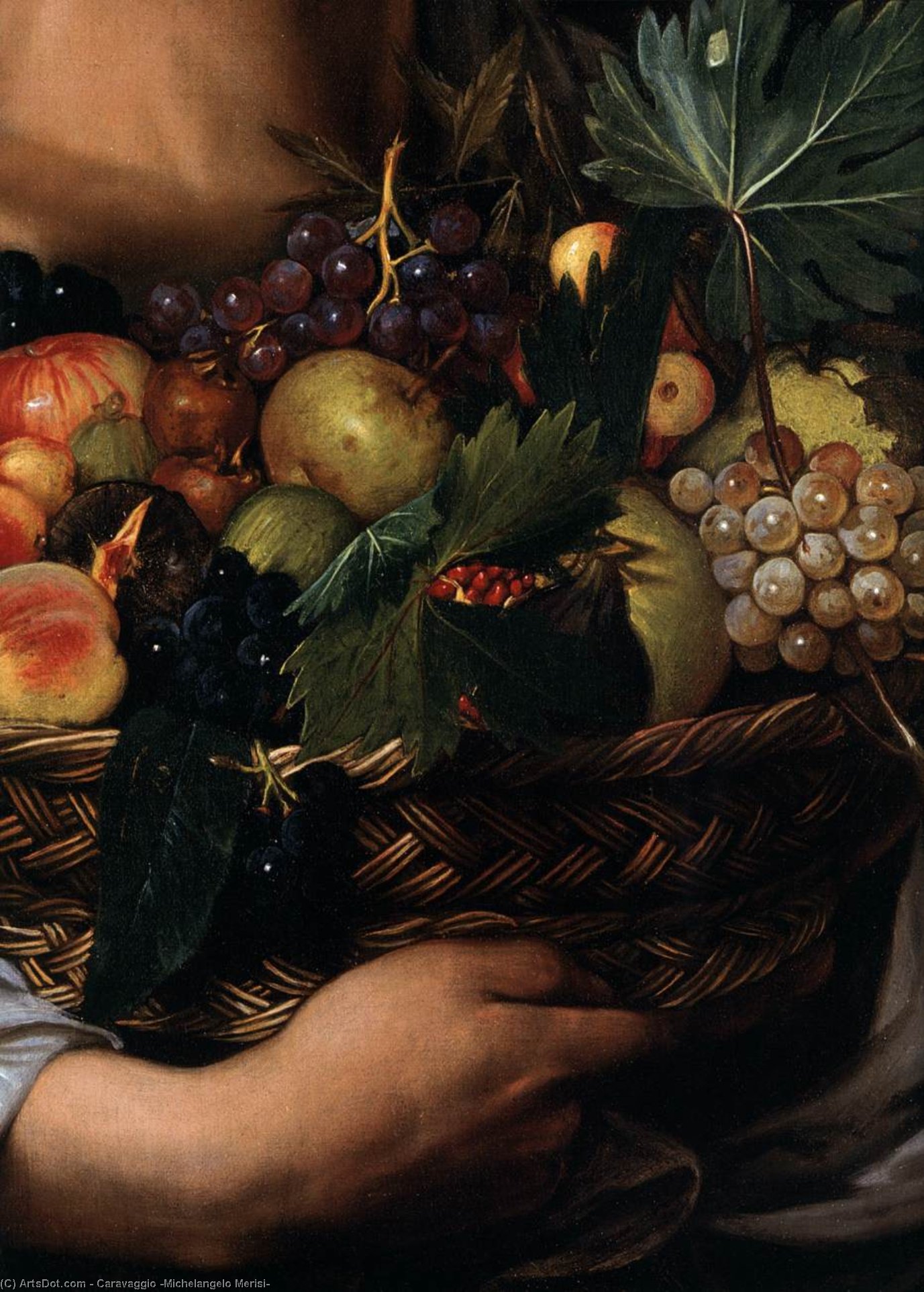 Wikioo.org - The Encyclopedia of Fine Arts - Painting, Artwork by Caravaggio (Michelangelo Merisi) - Boy with a Basket of Fruit (detail)