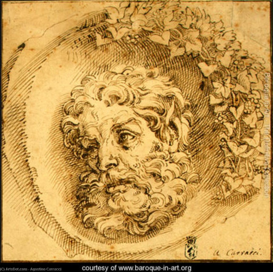 Wikioo.org - The Encyclopedia of Fine Arts - Painting, Artwork by Agostino Carracci - Head of a Faun in a Concave (roundel)