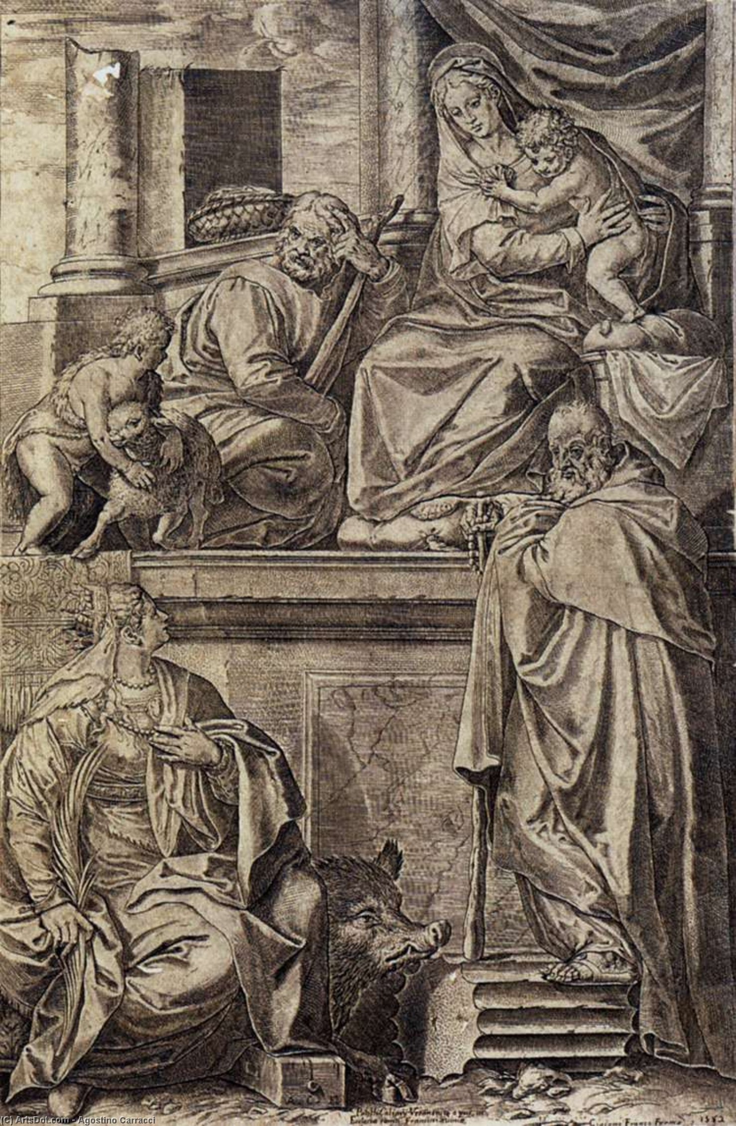 Wikioo.org - The Encyclopedia of Fine Arts - Painting, Artwork by Agostino Carracci - The Holy Family with Sts Anthony Abbot, Catherine and the Infant St John