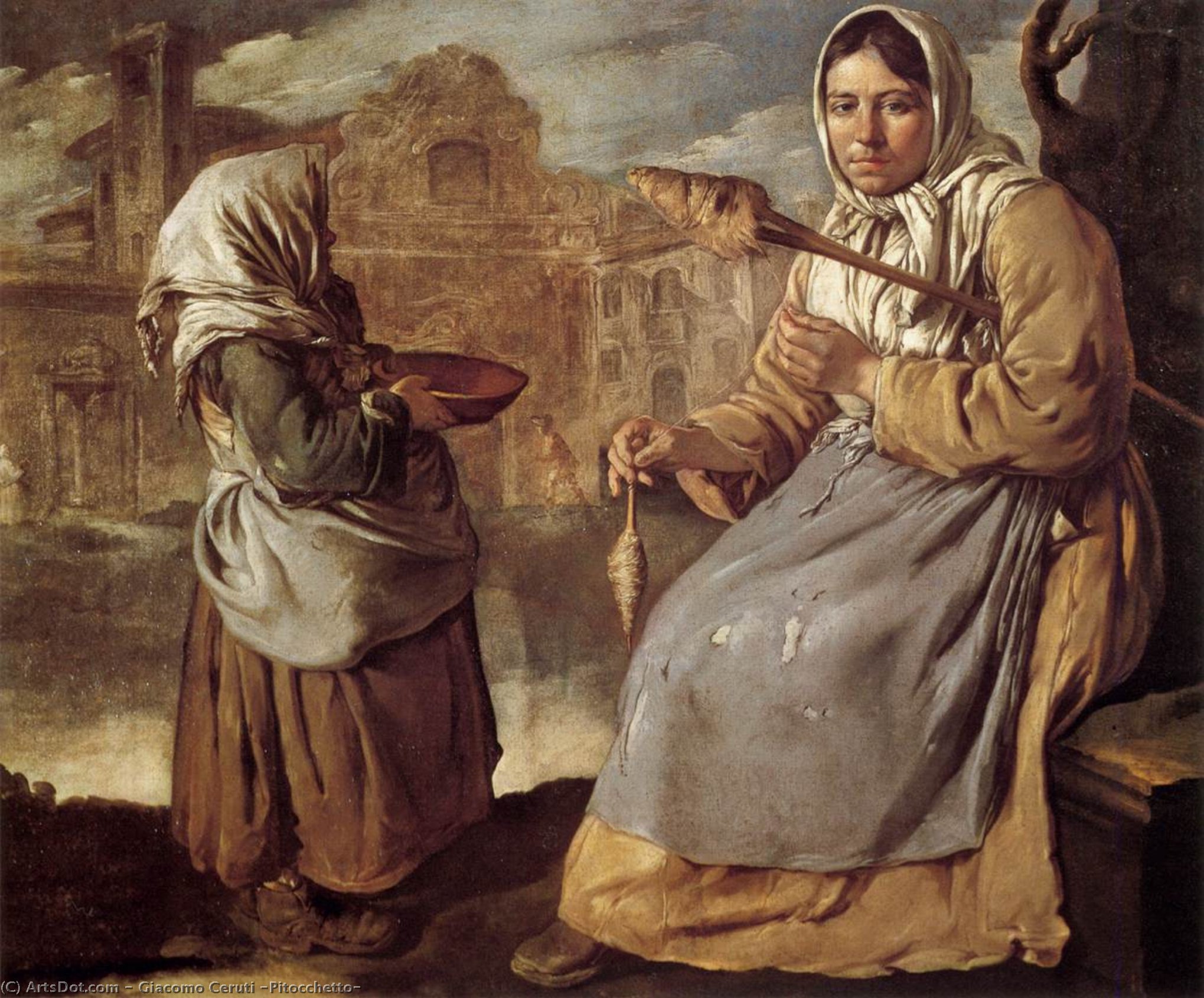 Wikioo.org - The Encyclopedia of Fine Arts - Painting, Artwork by Giacomo Ceruti (Pitocchetto) - Little Beggar Girl and Woman Spinning