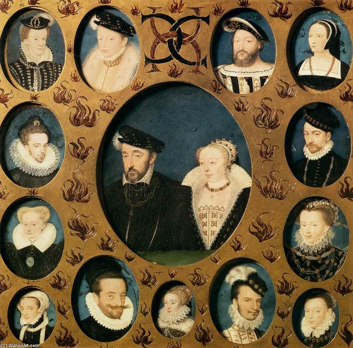 Wikioo.org – La Enciclopedia de las Bellas Artes - Pintura, Obras de arte de François Clouet - Enrique II de Valois y Catalina de Médicis, rodeado por miembros de su familia