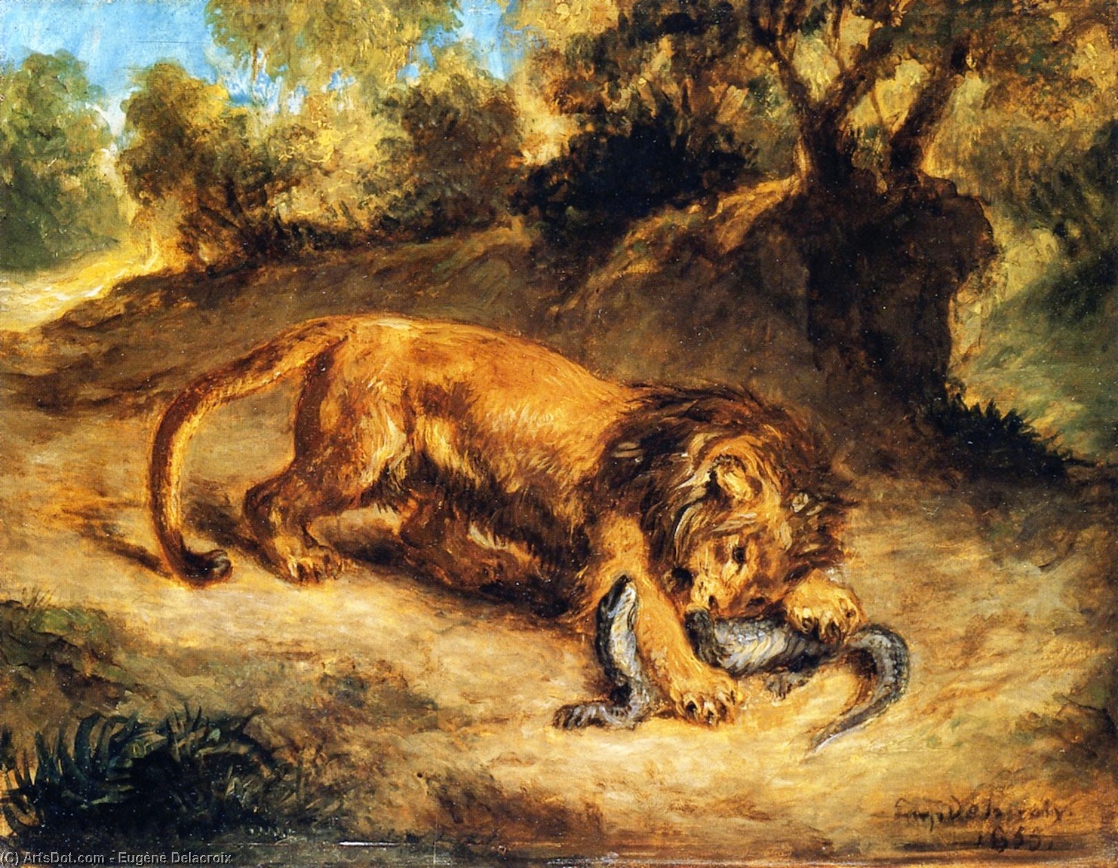 Wikioo.org – La Enciclopedia de las Bellas Artes - Pintura, Obras de arte de Eugène Delacroix - León asícomo Caimán ( también conocida como León Agarrándose un Lagarto o león Devorando un cocodrilo )