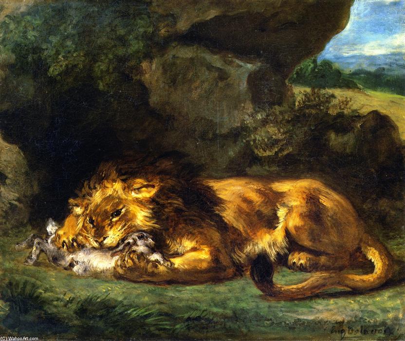 Wikioo.org - The Encyclopedia of Fine Arts - Painting, Artwork by Eugène Delacroix - Lion Devouring a Rabbit