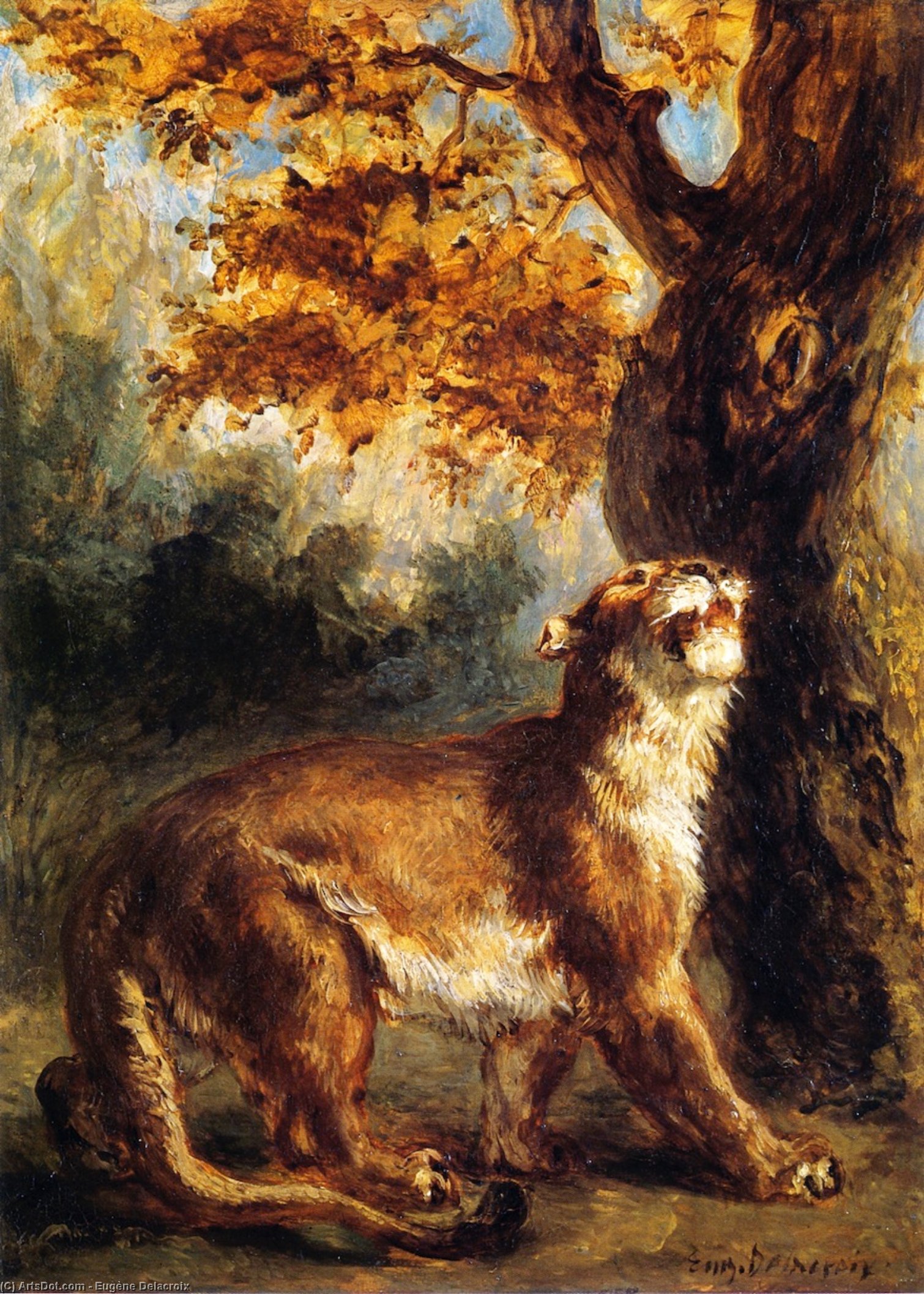 Wikioo.org - The Encyclopedia of Fine Arts - Painting, Artwork by Eugène Delacroix - Lioness Stalking Its Prey (also known as Lioness Standing by a Tree)