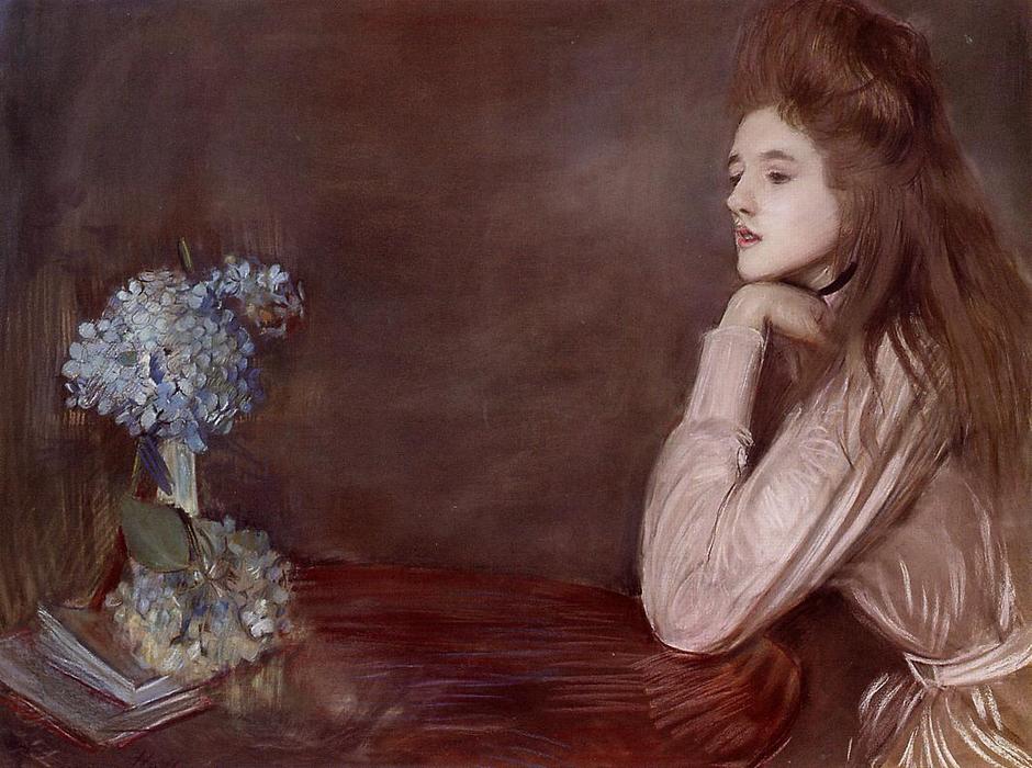 WikiOO.org - Encyclopedia of Fine Arts - Lukisan, Artwork Paul Cesar Helleu - The Lioness with Blue Hydrangeas