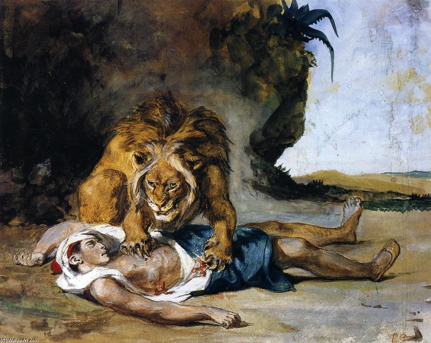 Wikioo.org - The Encyclopedia of Fine Arts - Painting, Artwork by Eugène Delacroix - Lion Mauling a Dead Arab