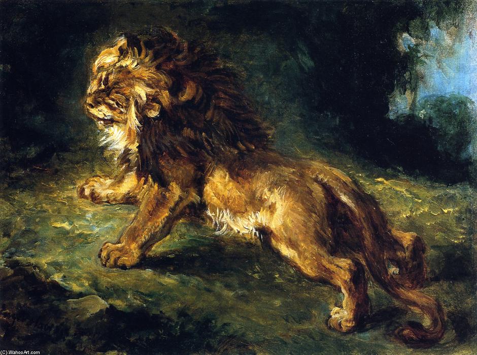 Wikioo.org - The Encyclopedia of Fine Arts - Painting, Artwork by Eugène Delacroix - Lion Stalking Its Prey (also known as Lion Watching Gazelles)