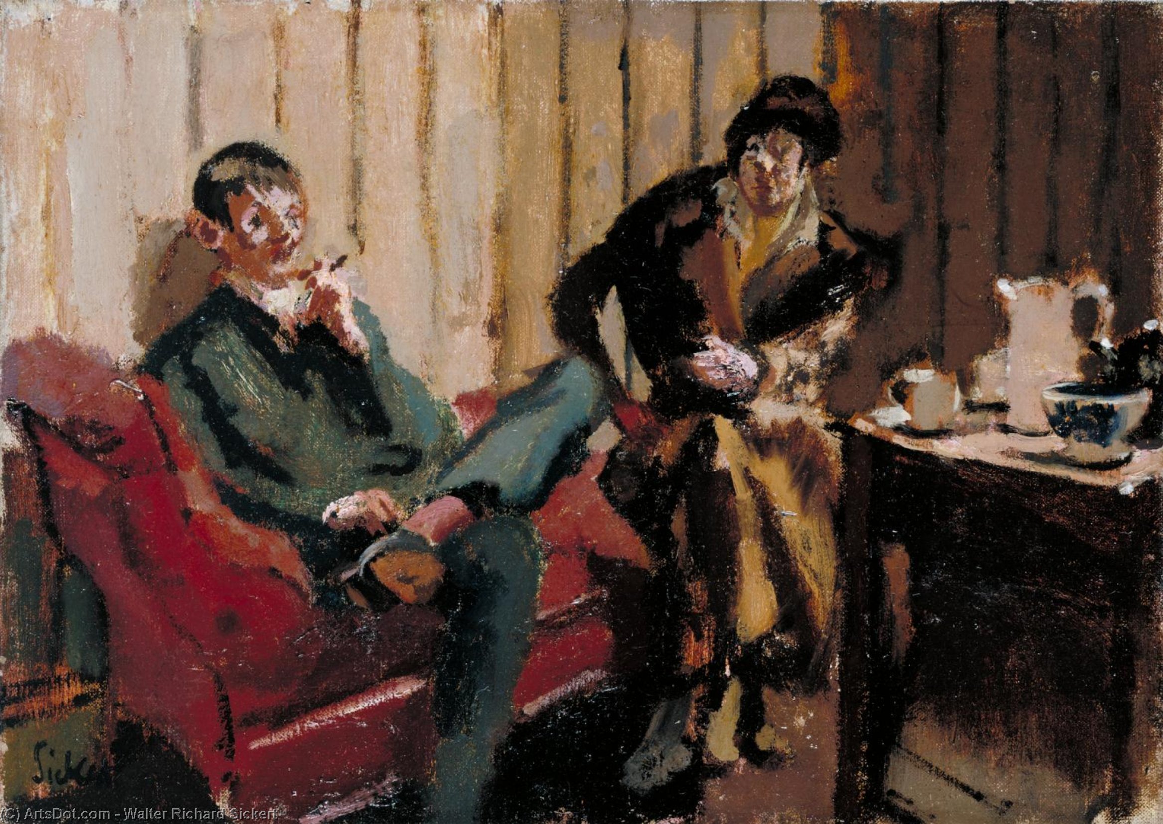 Wikioo.org - The Encyclopedia of Fine Arts - Painting, Artwork by Walter Richard Sickert - The Little Tea Party: Nina Hamnett and Roald Kristian