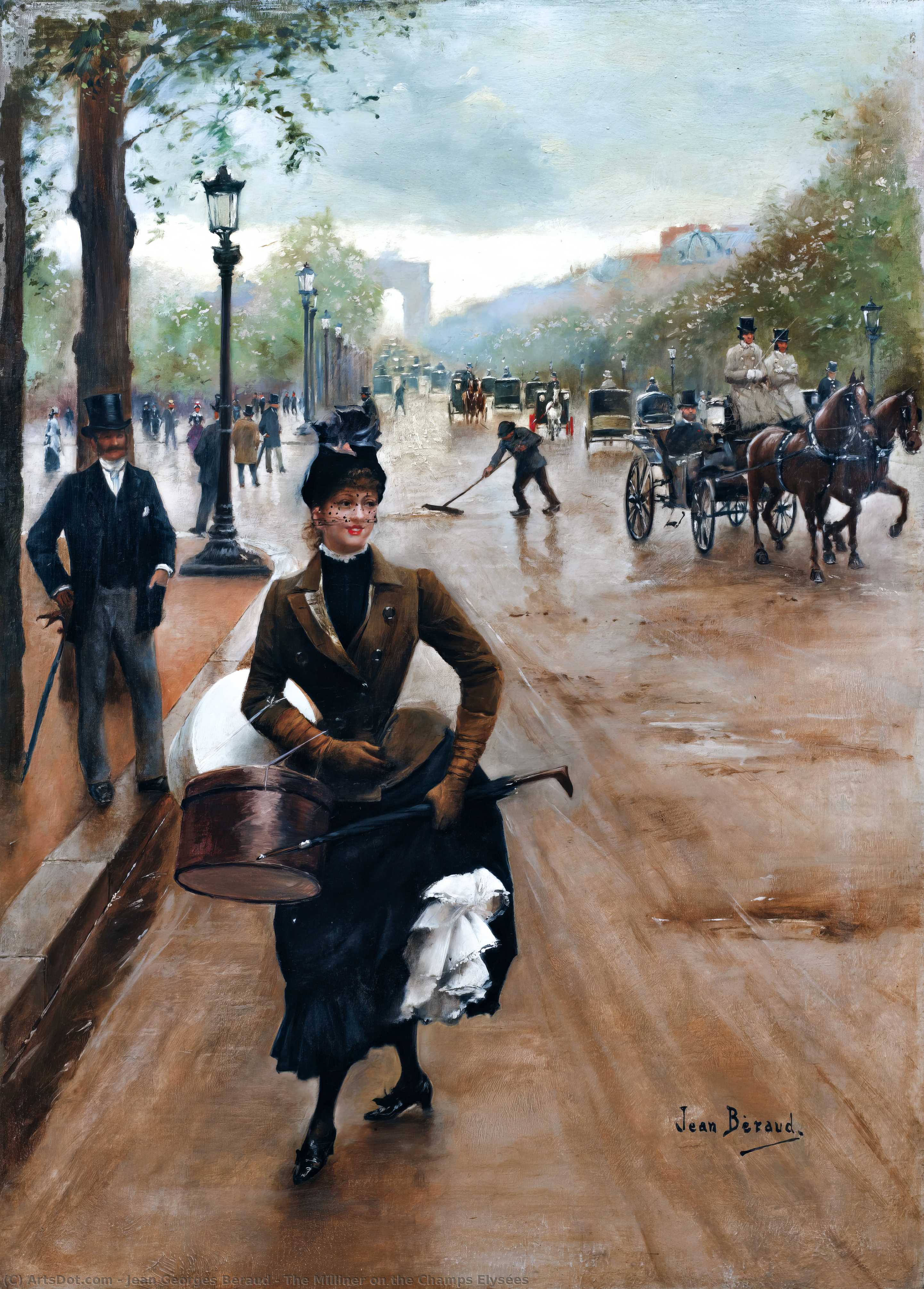 Wikioo.org - The Encyclopedia of Fine Arts - Painting, Artwork by Jean Georges Béraud - La Modiste sur les Champs Elysées
