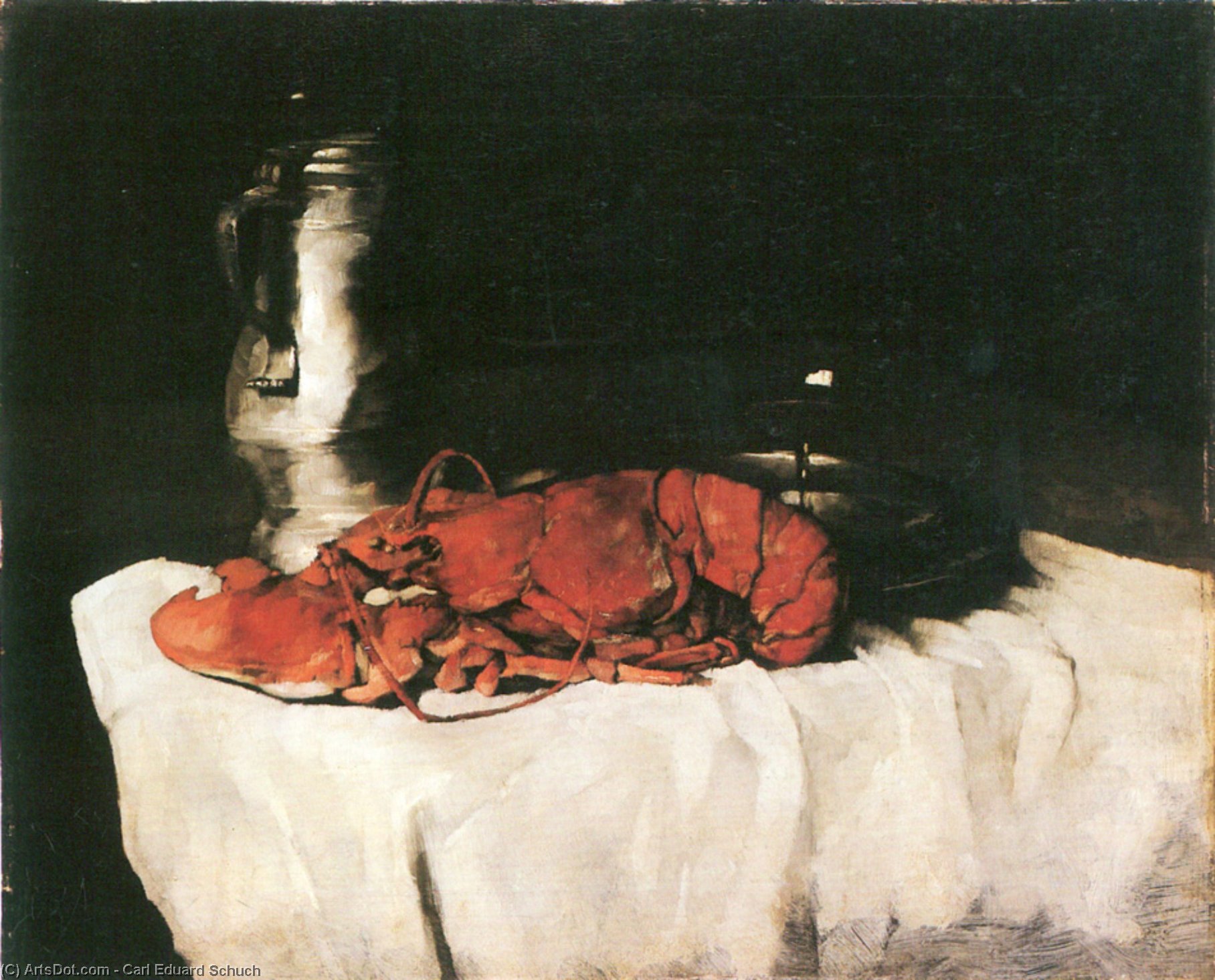 Wikioo.org - The Encyclopedia of Fine Arts - Painting, Artwork by Carl Eduard Schuch - Lobster with Pewter Jug and Wineglass