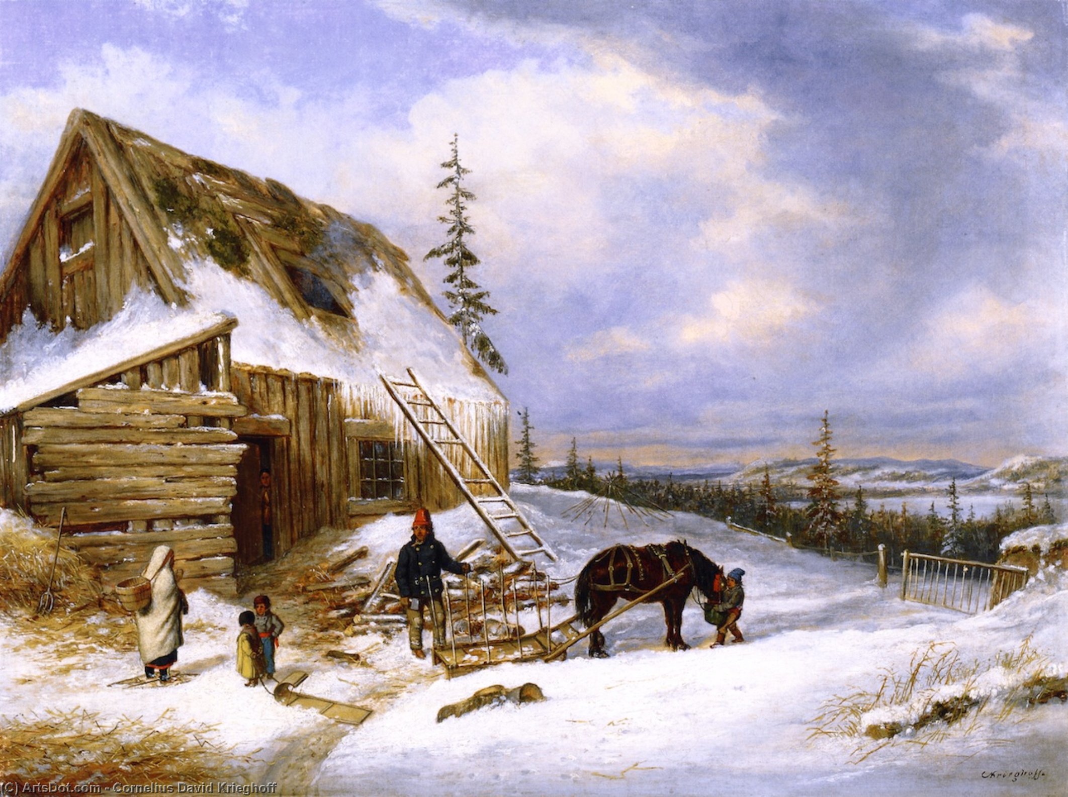 Wikioo.org - The Encyclopedia of Fine Arts - Painting, Artwork by Cornelius David Krieghoff - Log Cabin, Winter Scene, Lake St. Charles