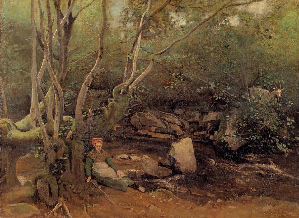 Wikioo.org - The Encyclopedia of Fine Arts - Painting, Artwork by Jean Baptiste Camille Corot - Lormes - Shepherdess Sitting under Trees beside a Stream