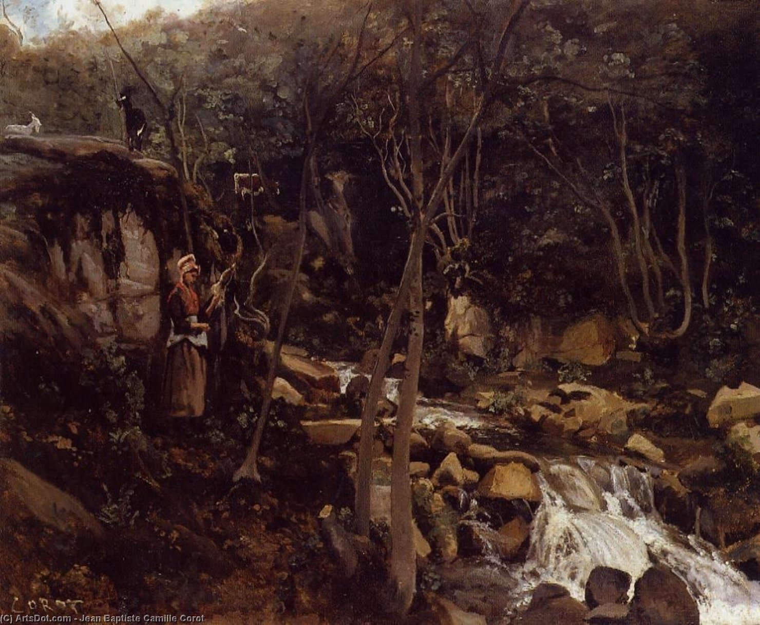 Wikioo.org - The Encyclopedia of Fine Arts - Painting, Artwork by Jean Baptiste Camille Corot - Lormes - A Waterfall with a Standing Peasant, Spinning Wool