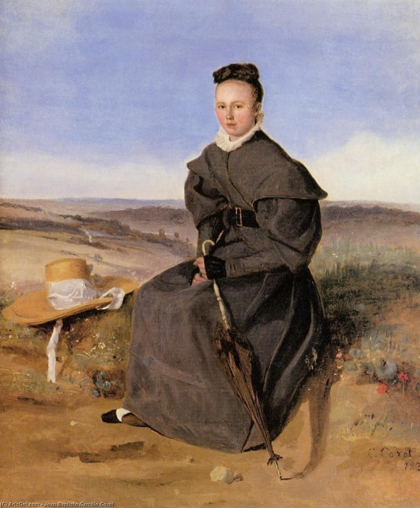 Wikioo.org - The Encyclopedia of Fine Arts - Painting, Artwork by Jean Baptiste Camille Corot - Louise Harduin in Mourning (also known as Young Girl Sitting in the Country)