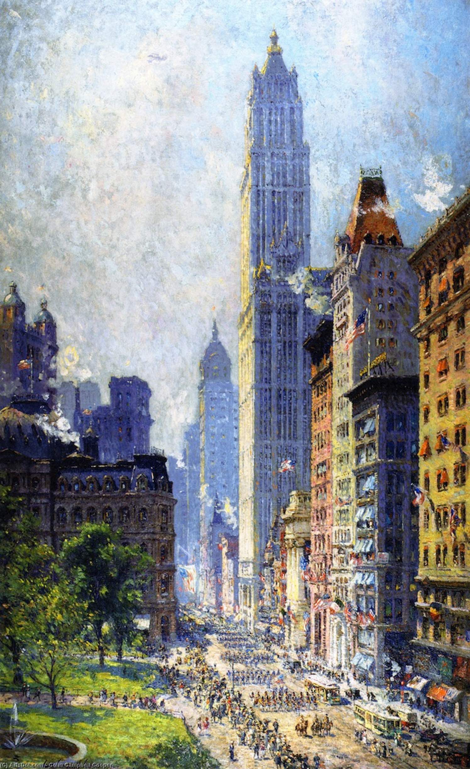 Wikioo.org - The Encyclopedia of Fine Arts - Painting, Artwork by Colin Campbell Cooper - Lower Broadway in Wartime
