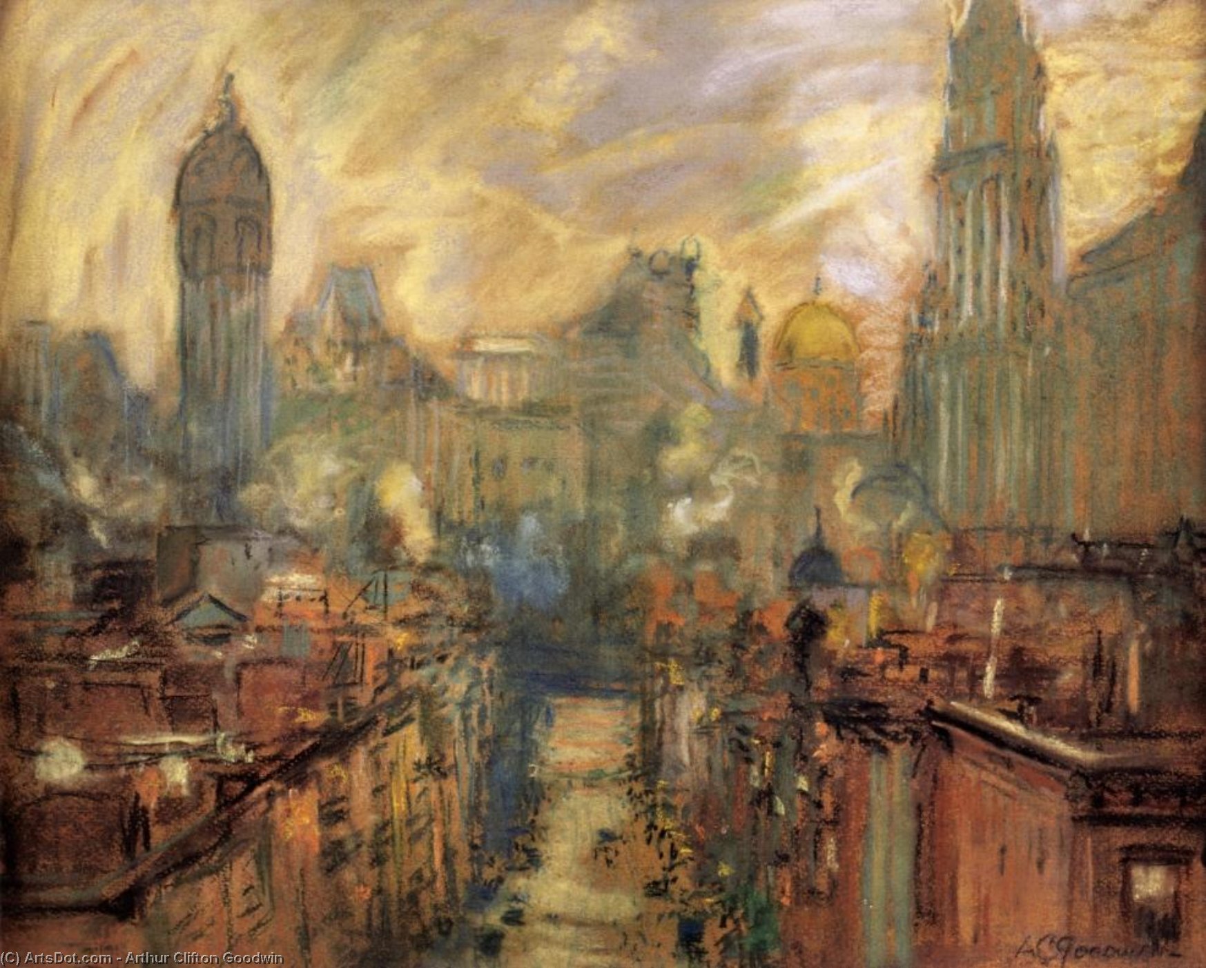 Wikioo.org - The Encyclopedia of Fine Arts - Painting, Artwork by Arthur Clifton Goodwin - Lower New York from Manhattan Bridge
