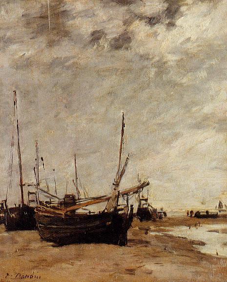 Wikioo.org - The Encyclopedia of Fine Arts - Painting, Artwork by Eugène Louis Boudin - Low Tide, Grounded Sailboats