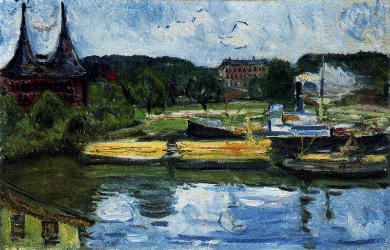 Wikoo.org - موسوعة الفنون الجميلة - اللوحة، العمل الفني Edvard Munch - Lübeck Harbour with the Holstentor