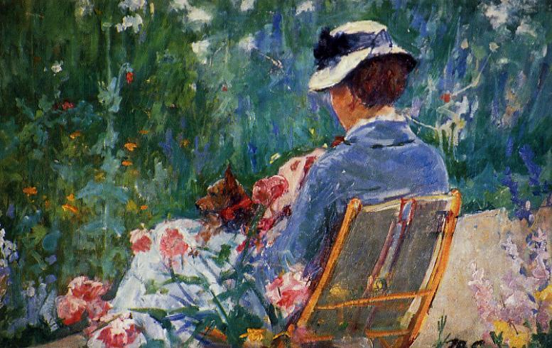Wikioo.org - The Encyclopedia of Fine Arts - Painting, Artwork by Mary Stevenson Cassatt - Lydia Seated in the Garden with a Dog in Her Lap