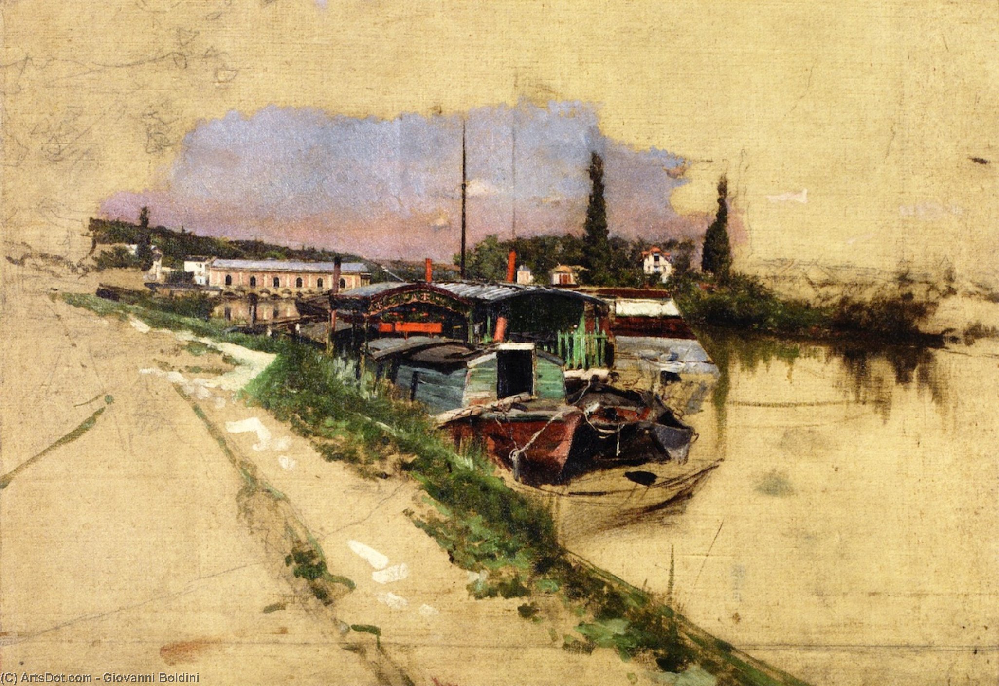 Wikioo.org - The Encyclopedia of Fine Arts - Painting, Artwork by Giovanni Boldini - The Machine at Marly (also known as The Seine at Bougivel)