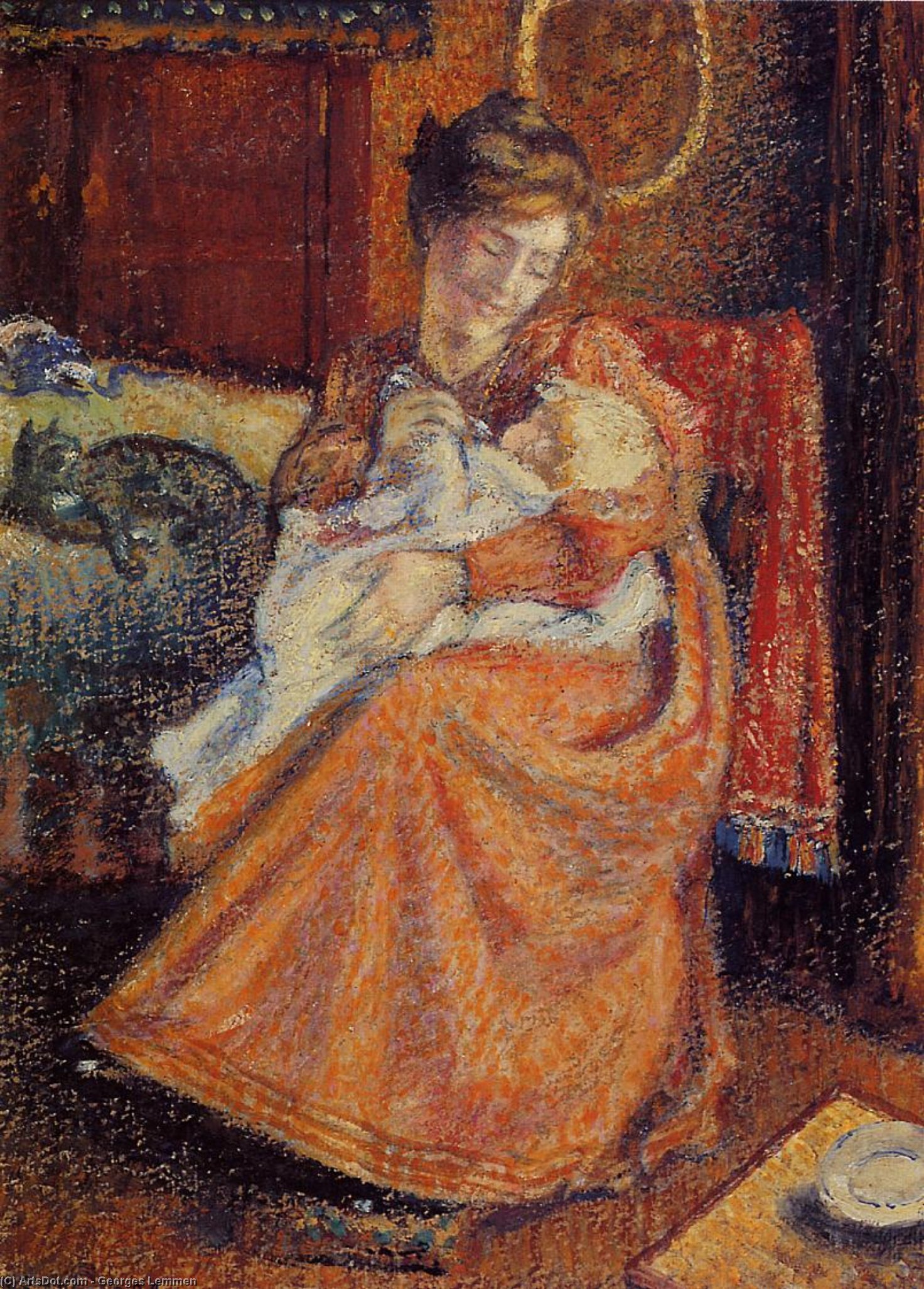 Wikioo.org - The Encyclopedia of Fine Arts - Painting, Artwork by Georges Lemmen - Madame Gaorges Mellen and Lise (also known as The New Baby)
