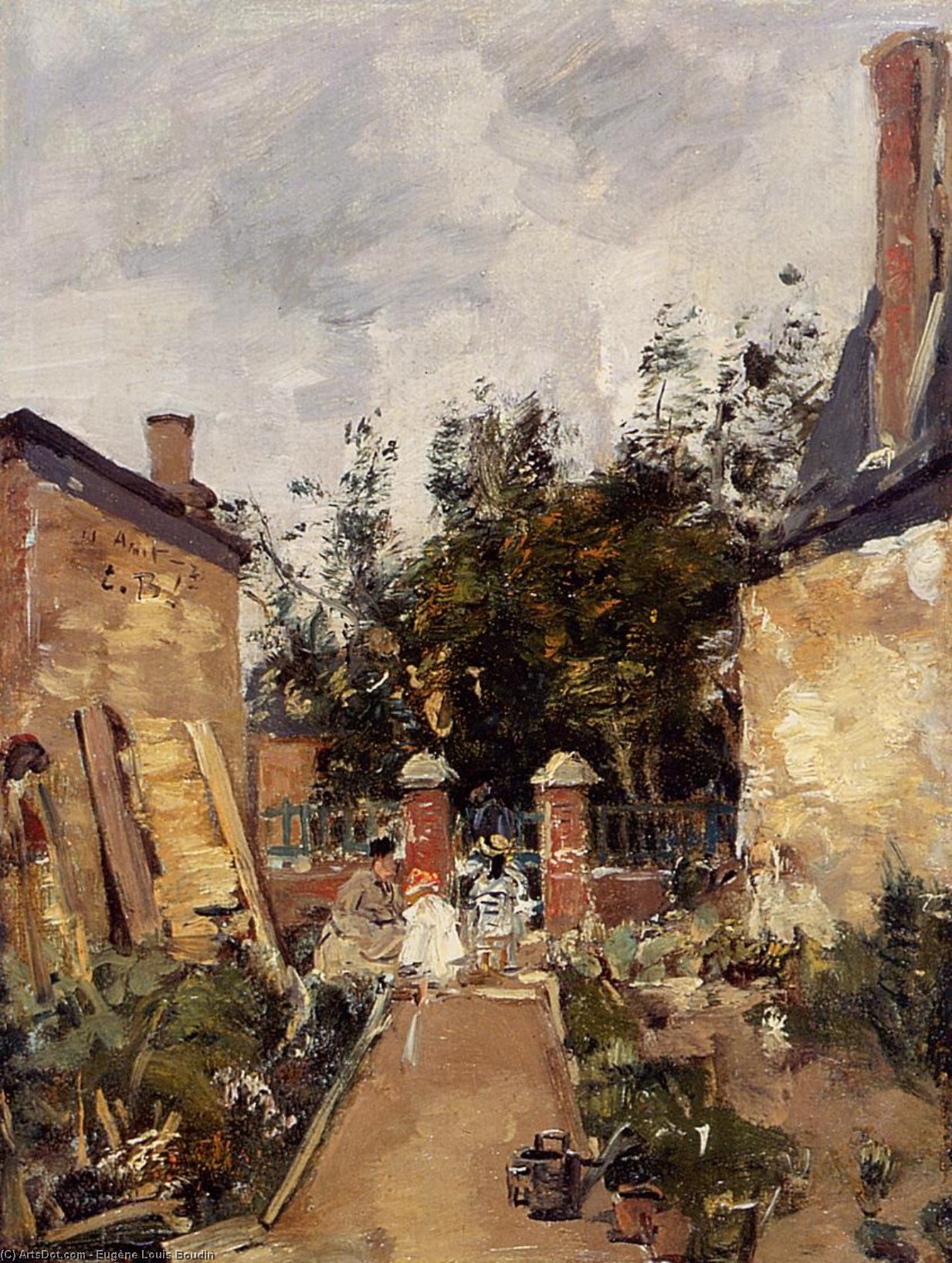 Wikioo.org - The Encyclopedia of Fine Arts - Painting, Artwork by Eugène Louis Boudin - Madame S with Her Children in Their Garden at Trouville