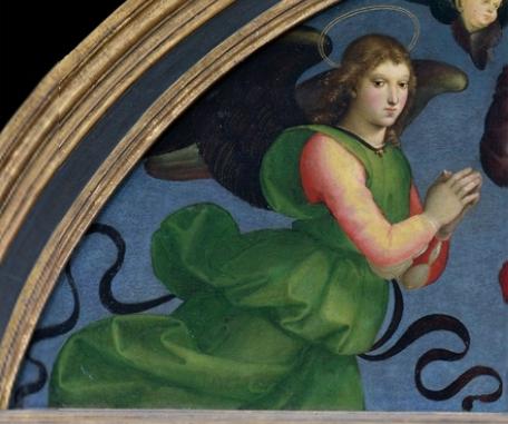 Wikioo.org - Bách khoa toàn thư về mỹ thuật - Vẽ tranh, Tác phẩm nghệ thuật Raphael (Raffaello Sanzio Da Urbino) - Madonna and Child Enthroned with Saints(detail of lunette)