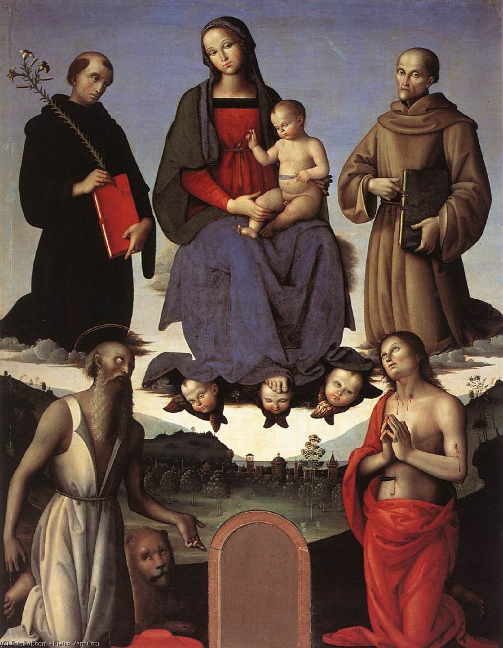 Wikioo.org - Die Enzyklopädie bildender Kunst - Malerei, Kunstwerk von Vannucci Pietro (Le Perugin) - madonna und kind mit vier Heiligen ( Tezi Altarbild )