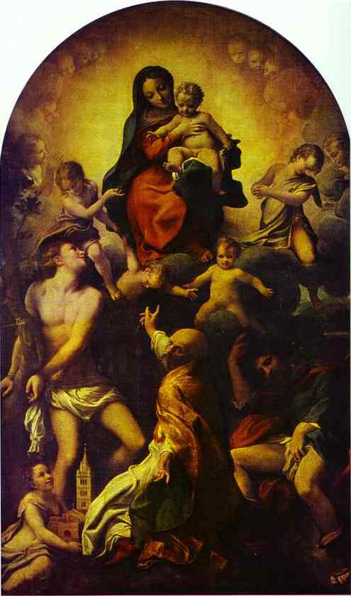 Wikioo.org – La Enciclopedia de las Bellas Artes - Pintura, Obras de arte de Antonio Allegri Da Correggio - virgen con el niño con san Sebastián