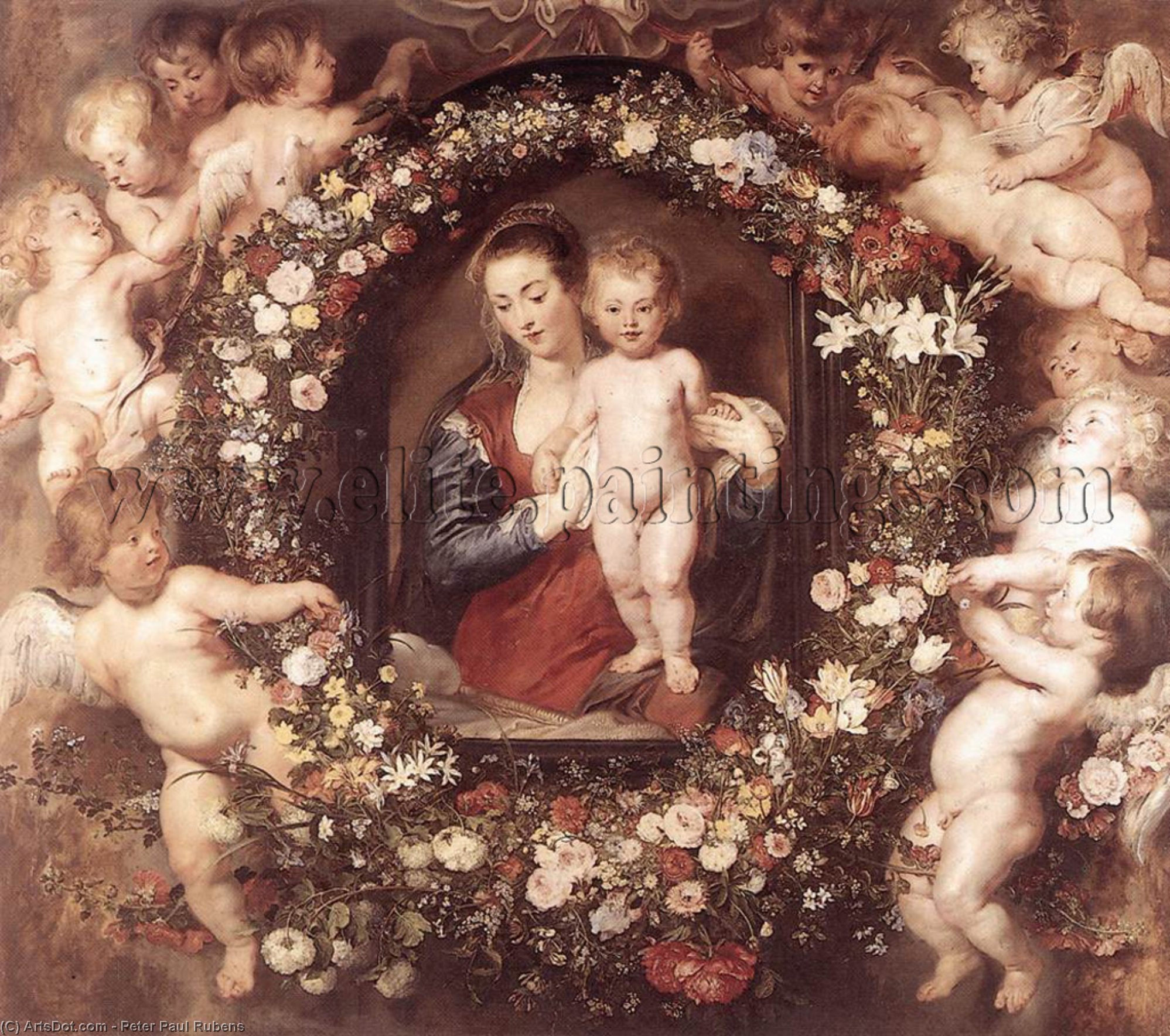 WikiOO.org - Энциклопедия изобразительного искусства - Живопись, Картины  Peter Paul Rubens - Мадонна в  Цветочное  венок